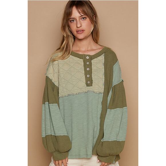 POL Forest Green Size Medium Round Neck Balloon Sleeve Thermal Contrast Knit Top - Picture 1 of 4